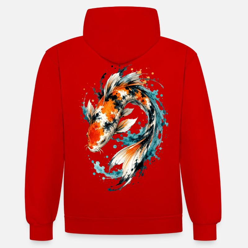 Éclaboussure de carpes koi aquarelle - Sweat à capuche contrasté - rouge/blanc