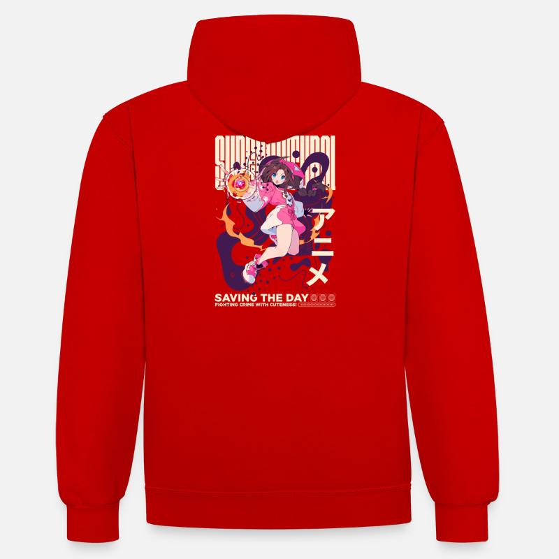 Anime Cute Hero - Sweat à capuche contrasté - rouge/blanc