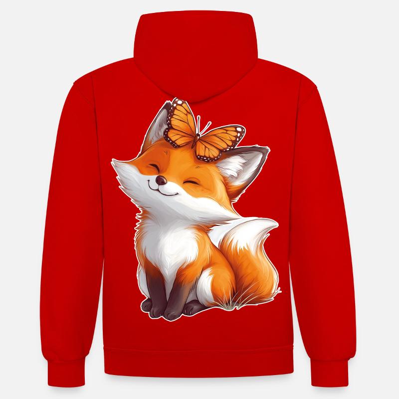 Renard avec papillon - Sweat à capuche contrasté - rouge/blanc