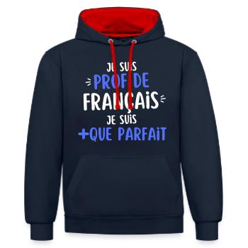humour prof de français - Sweat à capuche contrasté - bleu marine/rouge - Devant - Anna (173cm) & Nico (186cm)