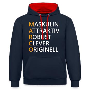 Marco Name Geschenk - Kontrast-Hoodie - Navy/Rot - Vorne - Anna (173cm) & Nico (186cm)