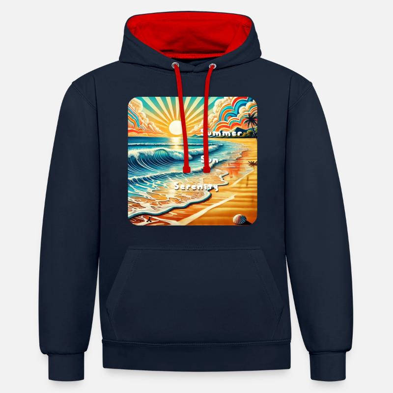 Plage au coucher du soleil - Sweat à capuche contrasté - bleu marine/rouge