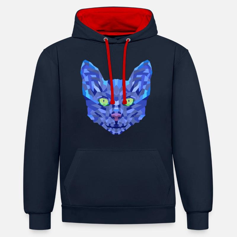 Chat Bleu Polygonal - Sweat à capuche contrasté - bleu marine/rouge