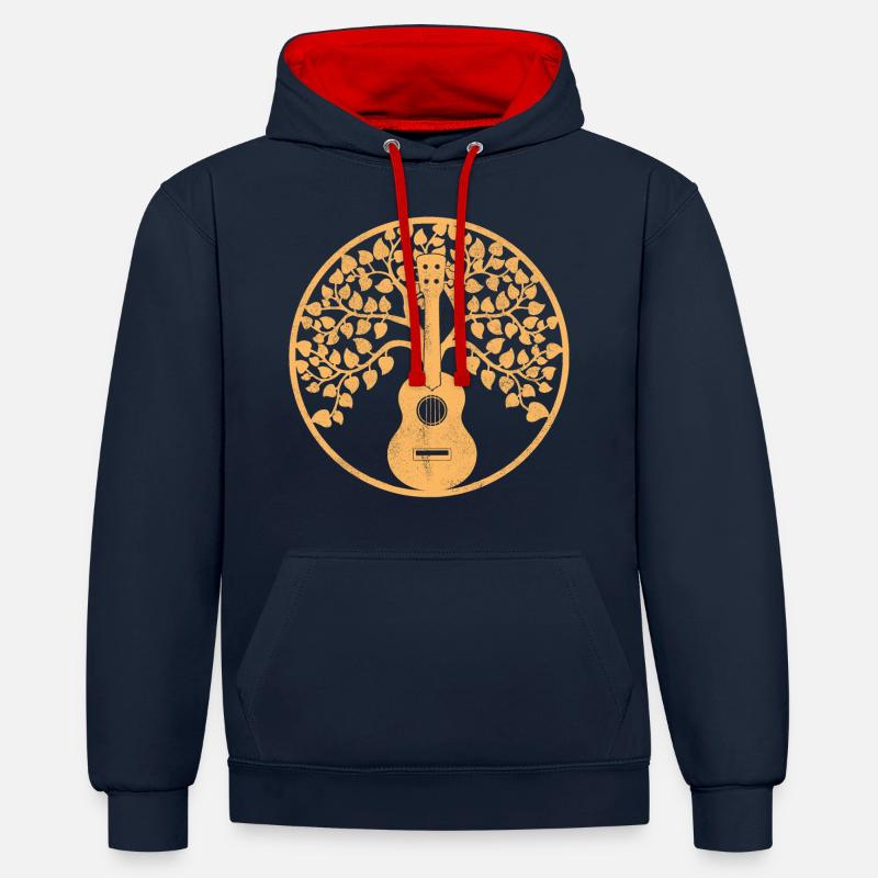 ukulele tree mandala sepia - Kontrast-Hoodie - Navy/Rot