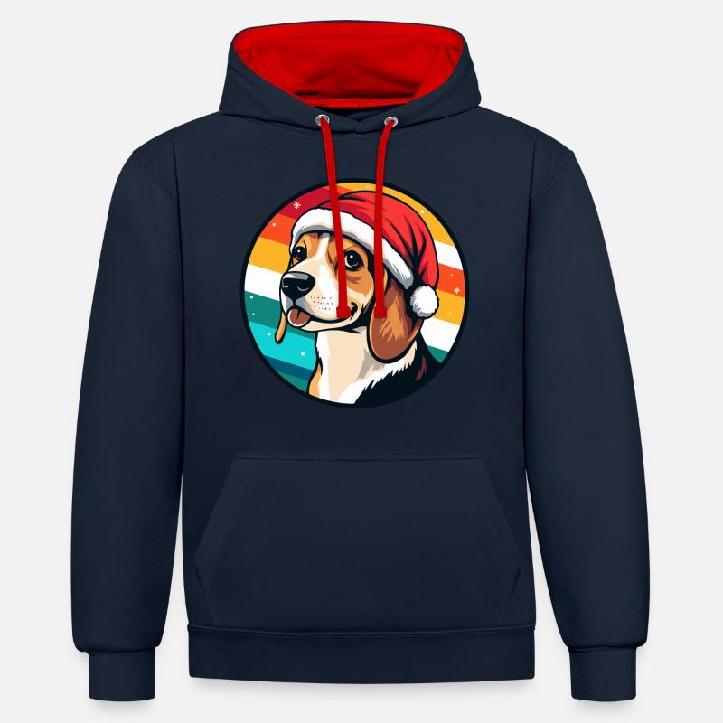 Beagle chien animal de Noël - Sweat à capuche contrasté - bleu marine/rouge