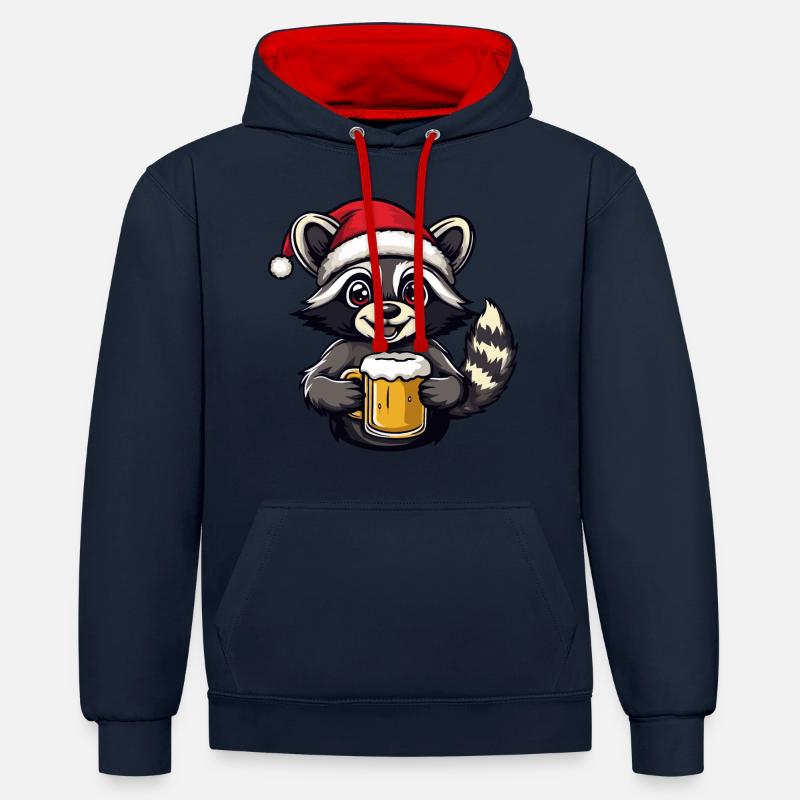 Bière de Noël Raccoon - Sweat à capuche contrasté - bleu marine/rouge