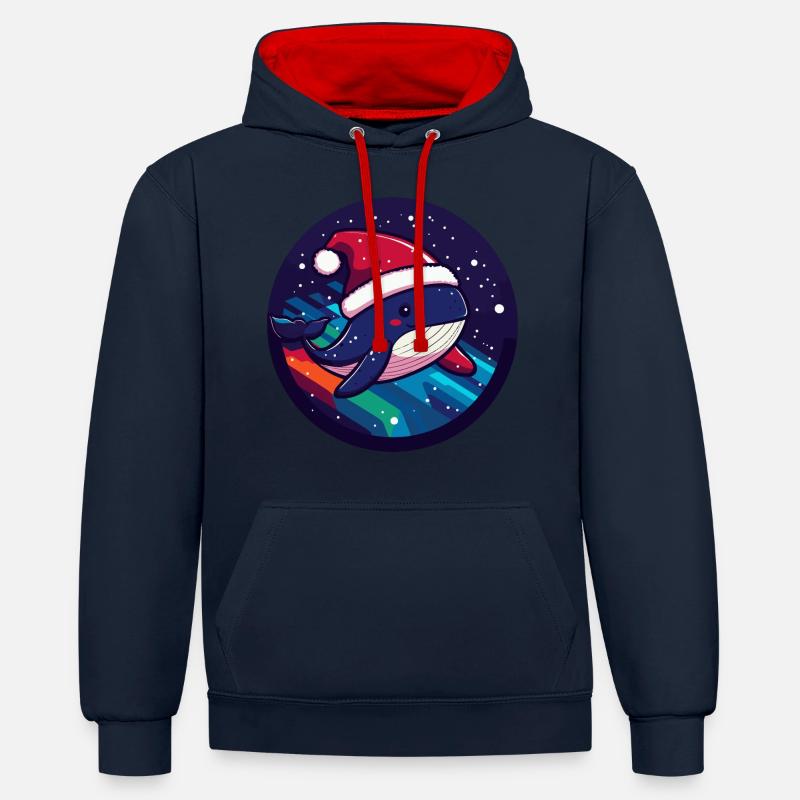 Baleine Noël Animal - Sweat à capuche contrasté - bleu marine/rouge