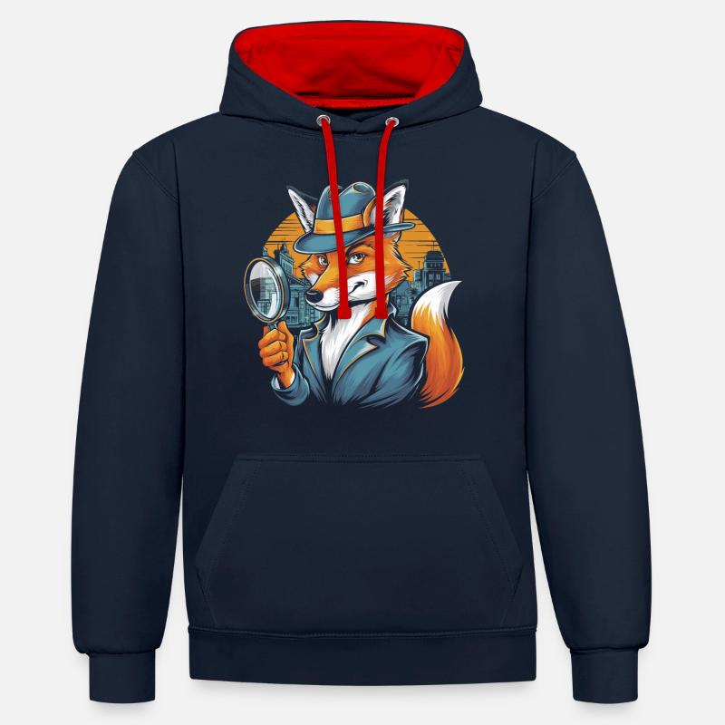 Renard détective - Sweat à capuche contrasté - bleu marine/rouge