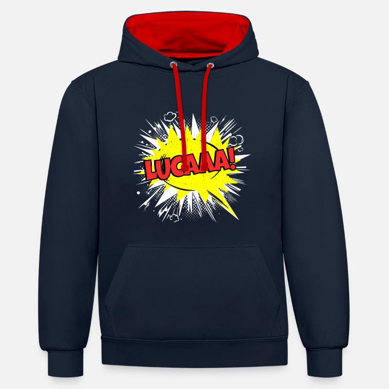 Luca Nom drôle bulle Lucaaa ! - Sweat à capuche contrasté - bleu marine/rouge