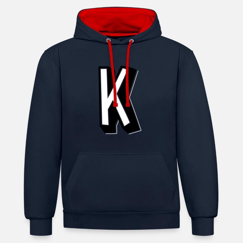 Lettre K - Alphabet K - Sweat à capuche contrasté - bleu marine/rouge