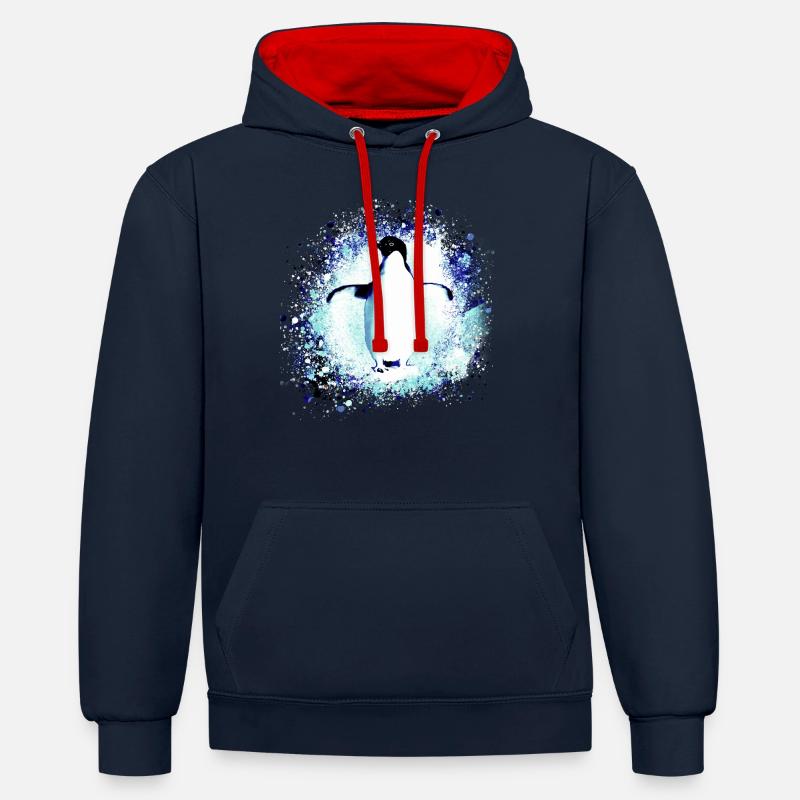 penguin,king penguin,graffiti,blue, snow - Contrast hoodie - navy/red