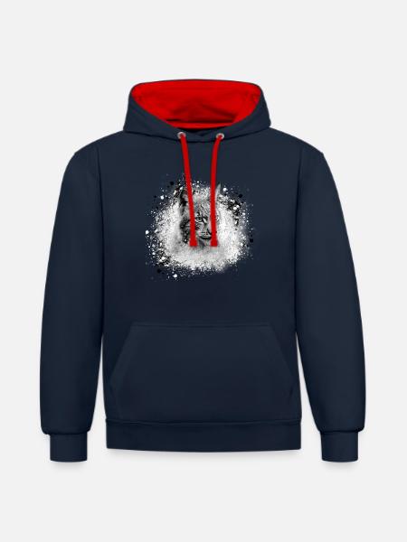 luchs,katze,blau,malerei,aquarell,grau - Kontrast-Hoodie - Navy/Rot