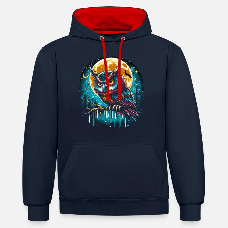 Chouette dans la nuit - Sweat à capuche contrasté - bleu marine/rouge