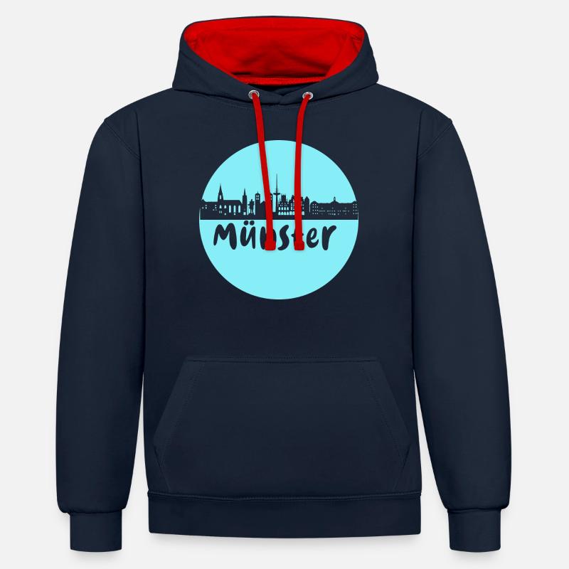 Münster, circle, skyline, silhouette, blue - Contrast hoodie - navy/red