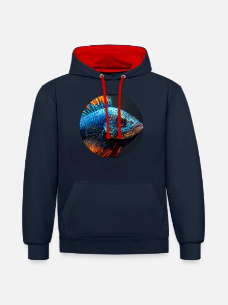 Fisch,bunt,pailletten,glitzer,blau - Kontrast-Hoodie - Navy/Rot