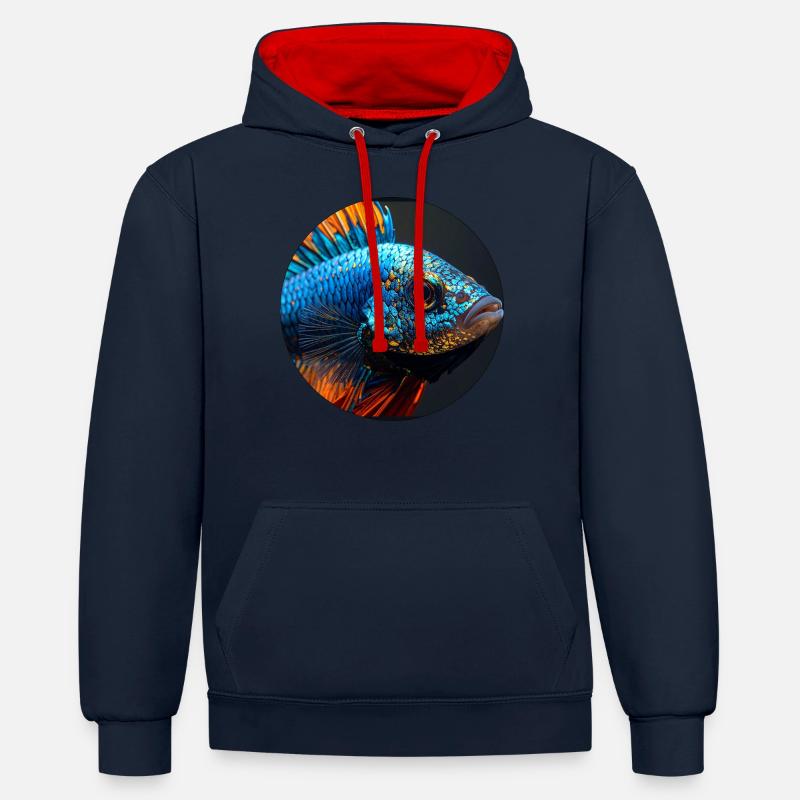 Fisch,bunt,pailletten,glitzer,blau - Kontrast-Hoodie - Navy/Rot