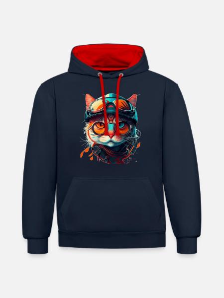 Getigertes Katzengesicht mit Style Sonnenbrille - Kontrast-Hoodie - Navy/Rot