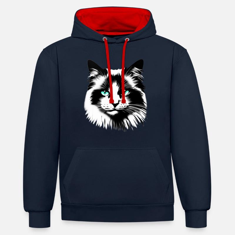 Visage de chat sympathique - Sweat à capuche contrasté - bleu marine/rouge
