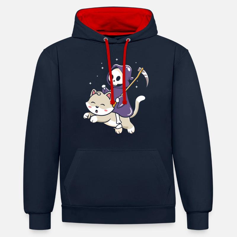 Sorcière chat d’Halloween - Sweat à capuche contrasté - bleu marine/rouge
