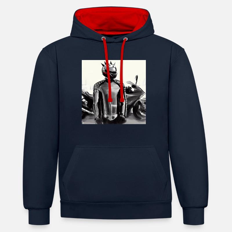 Dessin au crayon de moto - Sweat à capuche contrasté - bleu marine/rouge