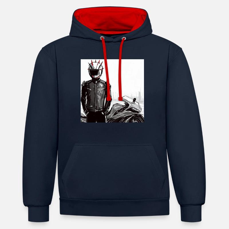 Dessin au crayon de moto - Sweat à capuche contrasté - bleu marine/rouge
