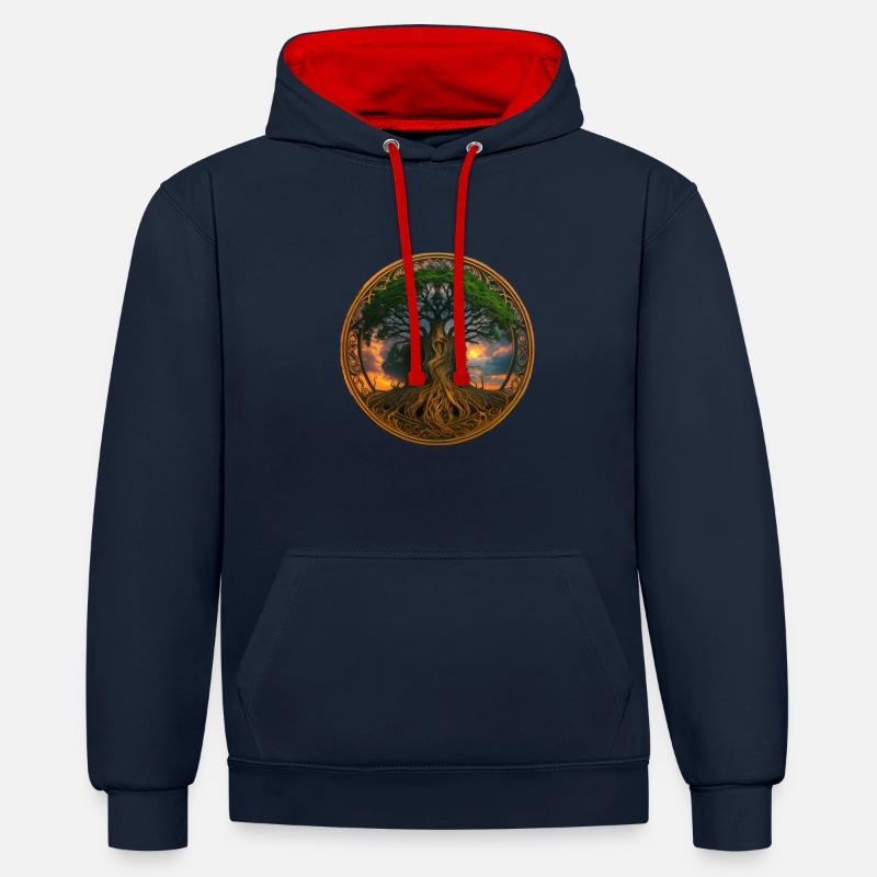 Baum des Lebens ,Lebensbaum,Licht,gold - Kontrast-Hoodie - Navy/Rot