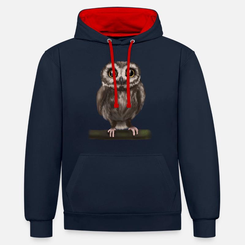 Uhu Eule - Kontrast-Hoodie - Navy/Rot