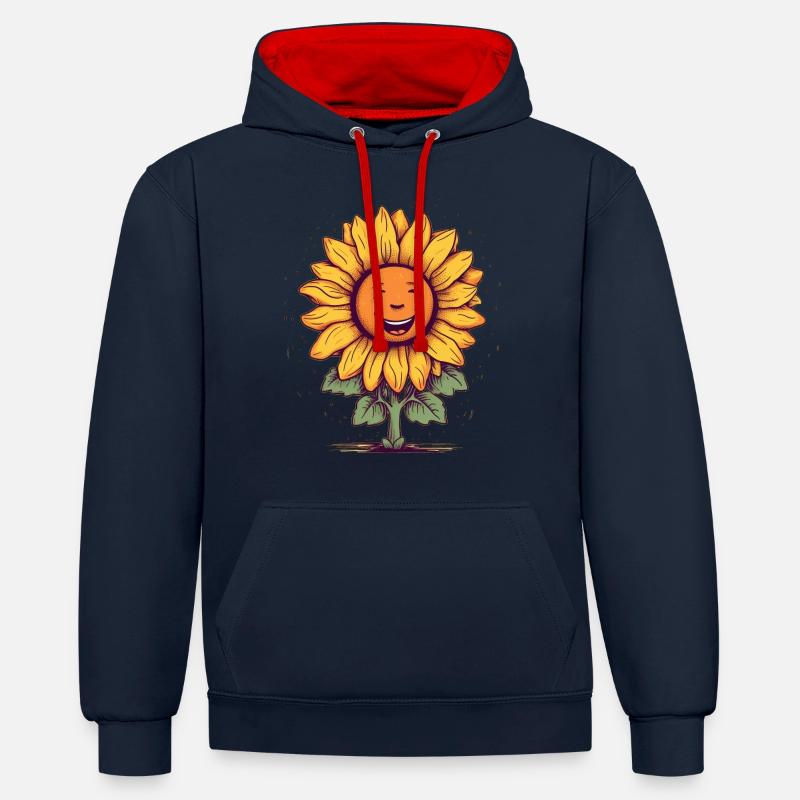 Tournesol joyeux avec visage - Sweat à capuche contrasté - bleu marine/rouge