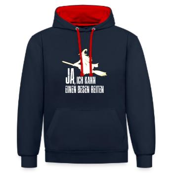 JA, ICH KANN EINEN BESEN REITEN - Kontrast-Hoodie - Navy/Rot - Vorne - Anna (173cm) & Nico (186cm)