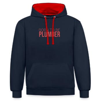« Plombier né en | Plombier » - Sweat à capuche contrasté - bleu marine/rouge - Devant - Anna (173cm) & Nico (186cm)