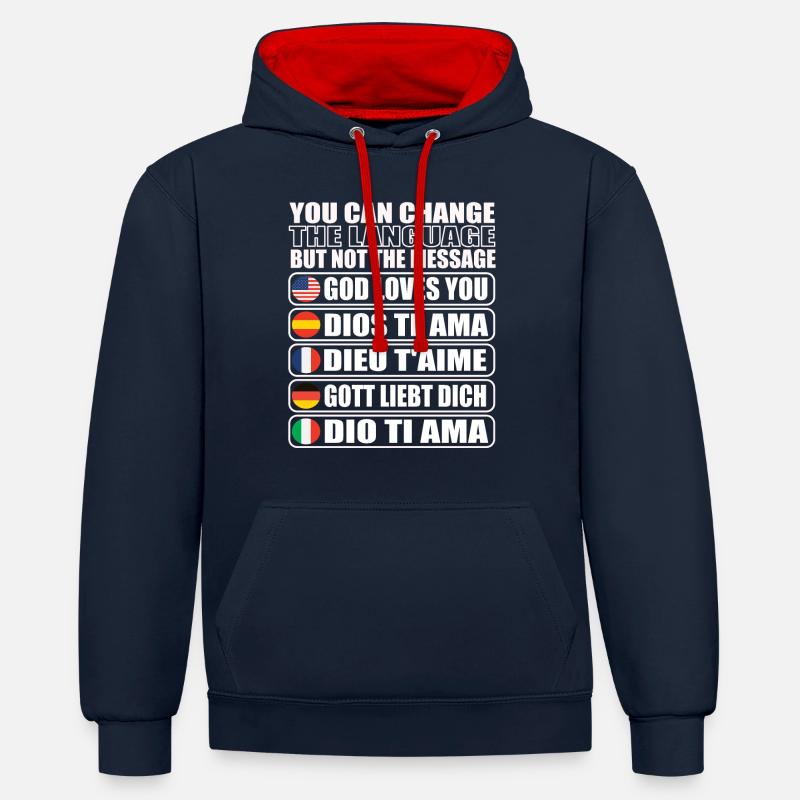 Dieu vous aime, chrétiens - Sweat à capuche contrasté - bleu marine/rouge
