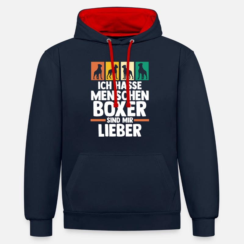 Chien Boxer allemand - Sweat à capuche contrasté - bleu marine/rouge