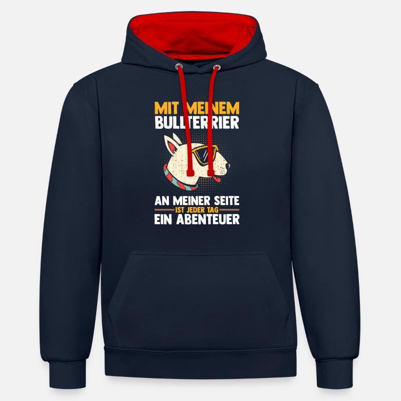 Chien Bull Terrier - Sweat à capuche contrasté - bleu marine/rouge