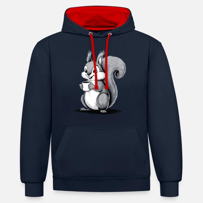 Écureuil Eichhörnchen Boire Café Caféine - Sweat à capuche contrasté - bleu marine/rouge