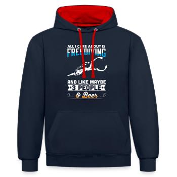 All I Care About Is Freediving - Kontrast-Hoodie - Navy/Rot - Vorne - Anna (173cm) & Nico (186cm)