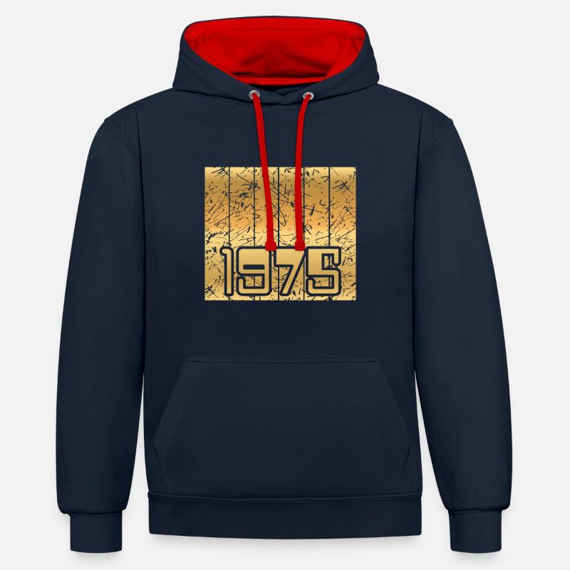 Année 1975 - Sweat à capuche contrasté - bleu marine/rouge