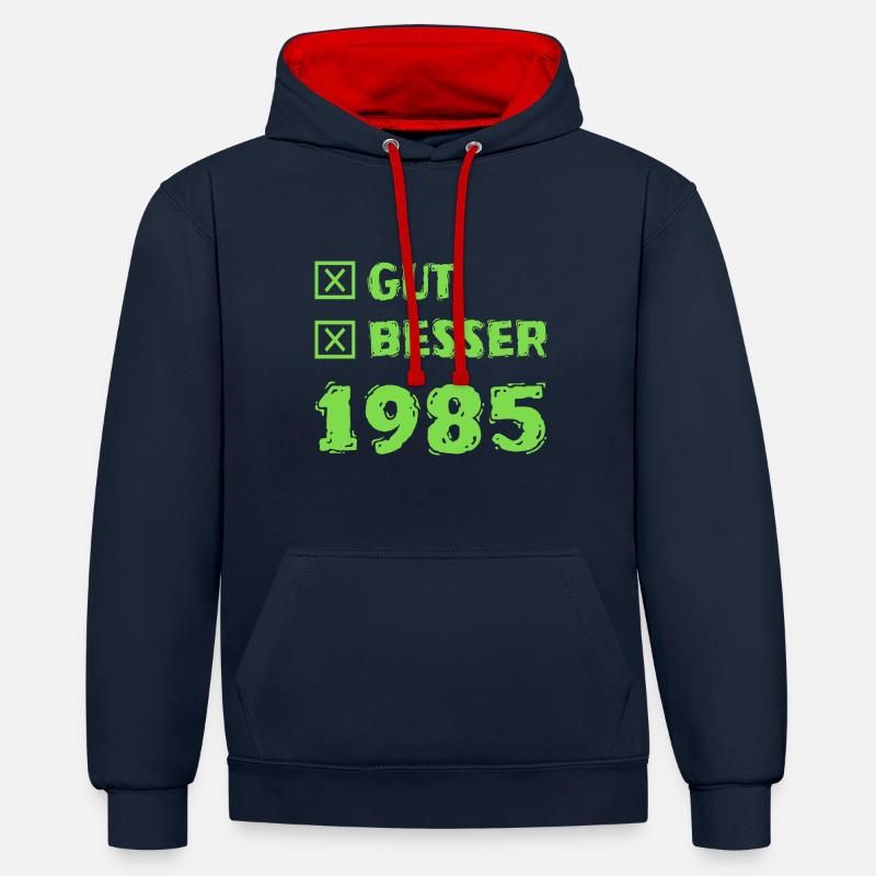 Année 1985 - Sweat à capuche contrasté - bleu marine/rouge