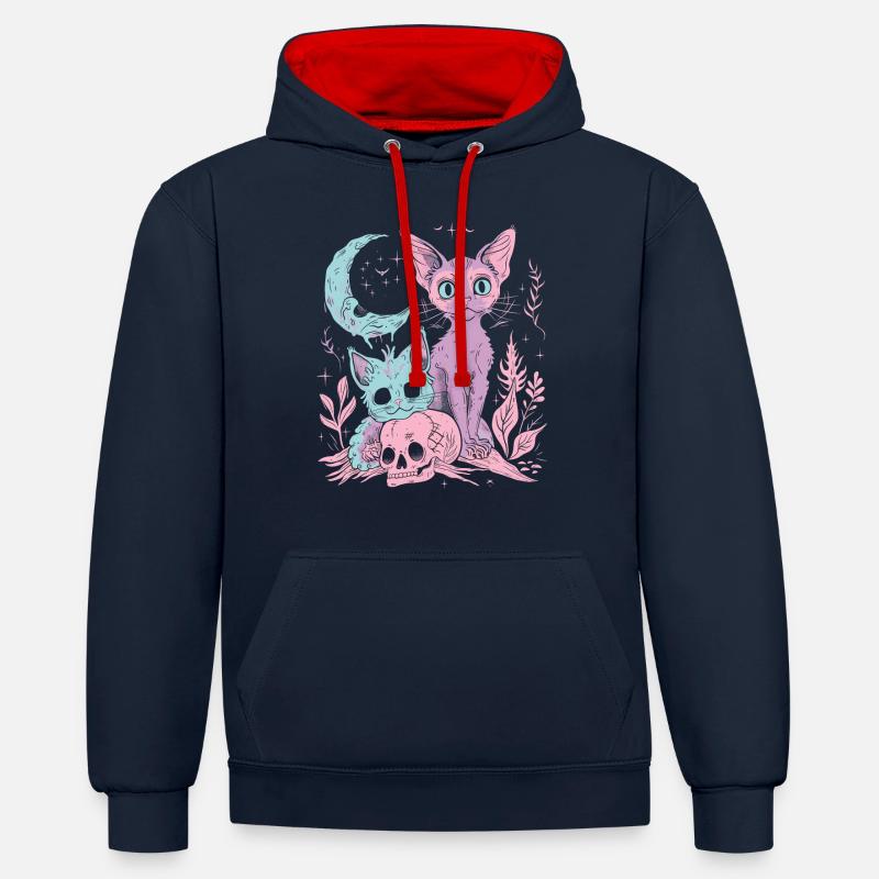Kawaii Chat Pastel Goth Diabolique - Sweat à capuche contrasté - bleu marine/rouge