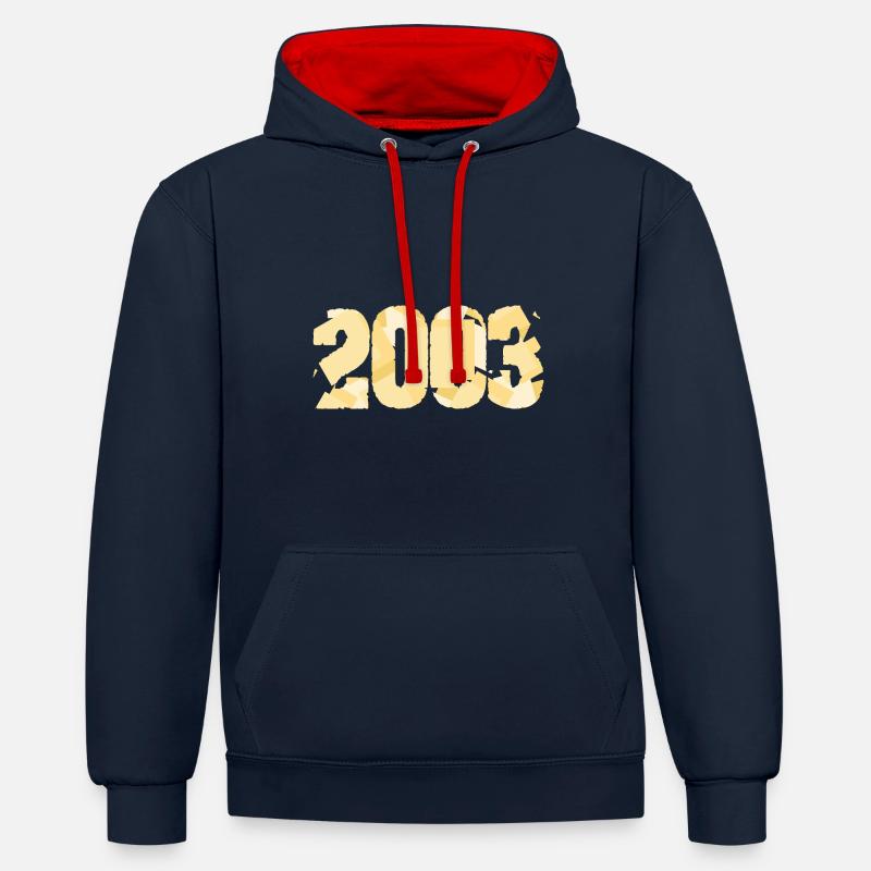Année 2003 - Sweat à capuche contrasté - bleu marine/rouge