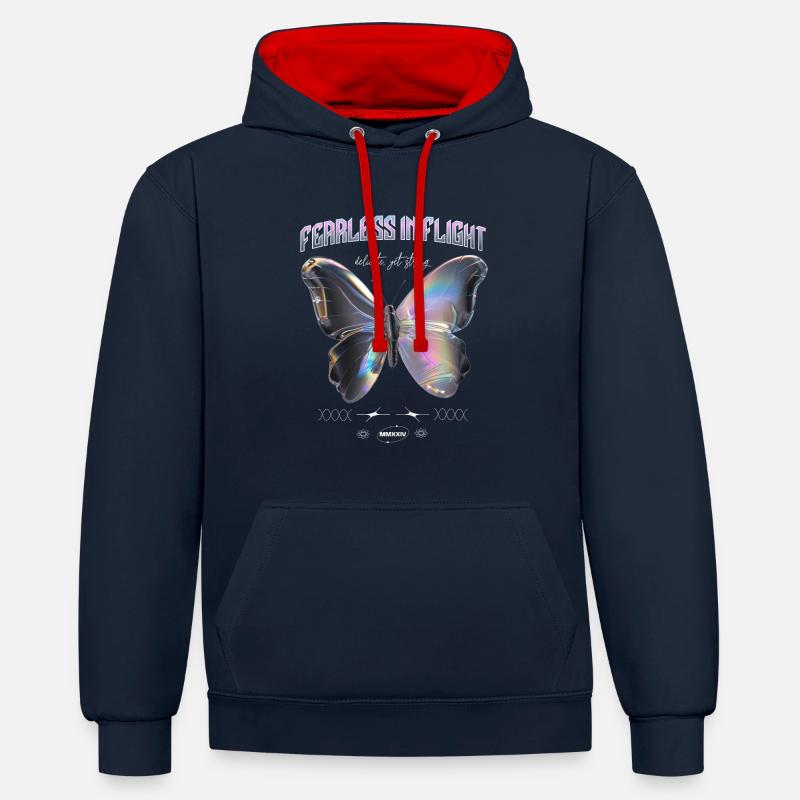 Papillon intrépide en vol - Sweat à capuche contrasté - bleu marine/rouge