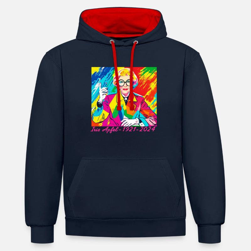 Illustration, bunt, Graffiti, Iris Apfel - Kontrast-Hoodie - Navy/Rot