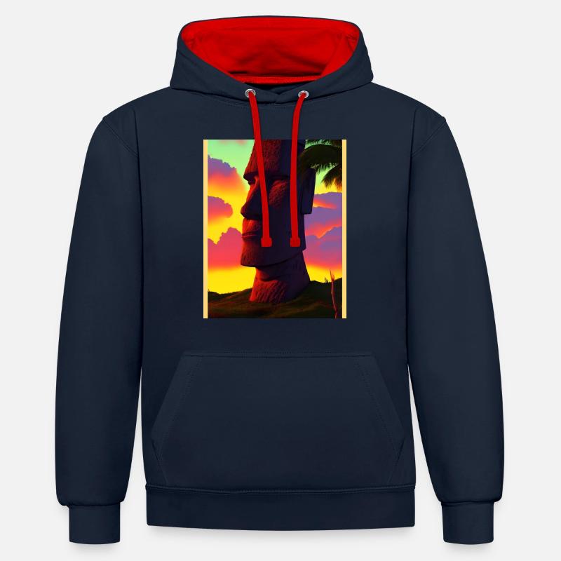 Moai Easter island portait sunset - Sweat à capuche contrasté - bleu marine/rouge