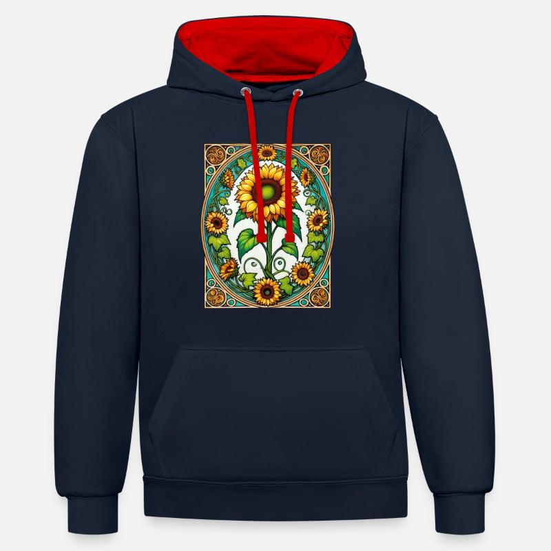 Tournesols rétro - Sweat à capuche contrasté - bleu marine/rouge