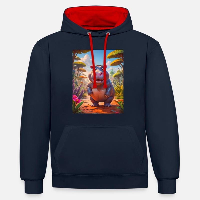animaux africains super mignons – Hippopotame - Sweat à capuche contrasté - bleu marine/rouge