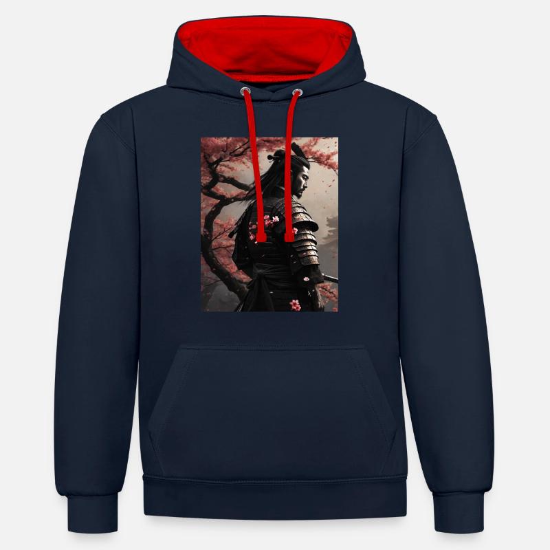 Fleurs de cerisier samouraï - Sweat à capuche contrasté - bleu marine/rouge