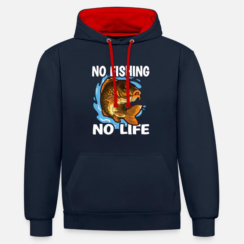 Pêcheurs à la ligne de carpes - Sweat à capuche contrasté - bleu marine/rouge