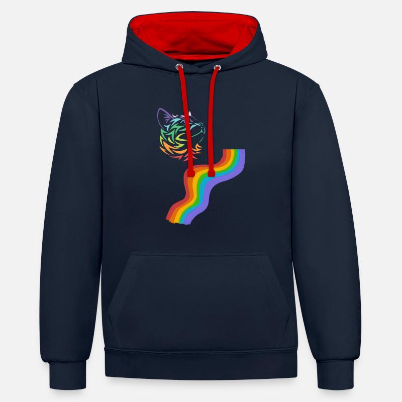 Chat Arc-en-ciel - Sweat à capuche contrasté - bleu marine/rouge