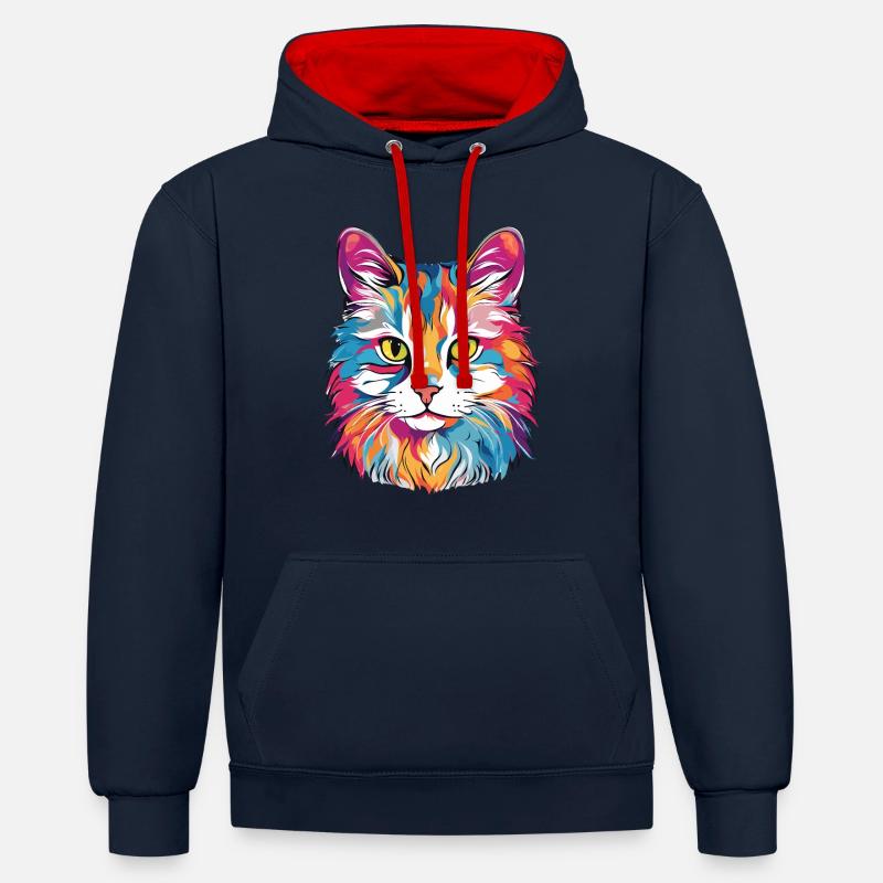 Chat - Sweat à capuche contrasté - bleu marine/rouge