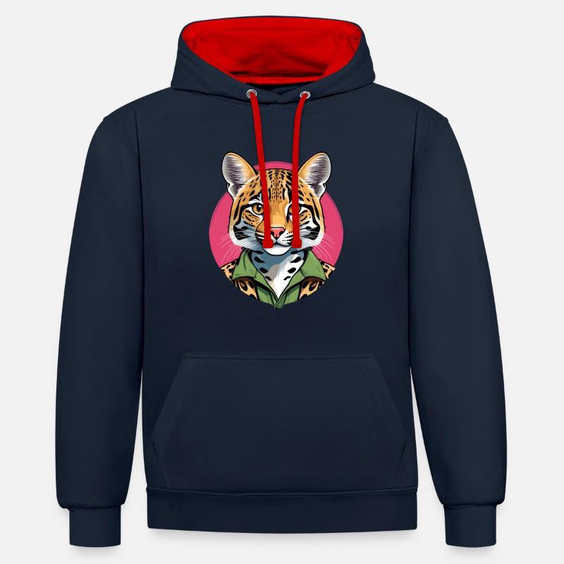 Chat Ocelot - Sweat à capuche contrasté - bleu marine/rouge