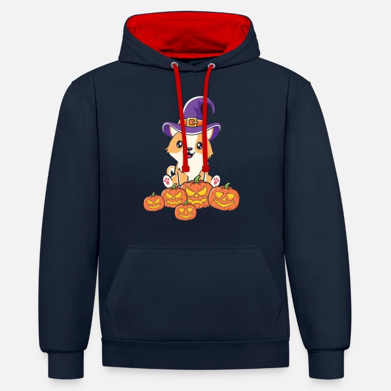 Citrouille de chat d’Halloween - Sweat à capuche contrasté - bleu marine/rouge